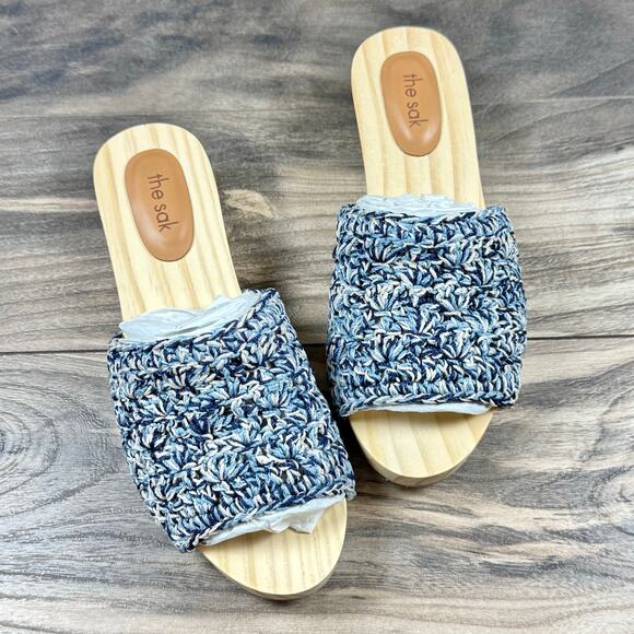 NIB The Sak Ella Hand Crochet Wooden Platform Clog Sandals 8 Blue Static Shell - Picture 4 of 10